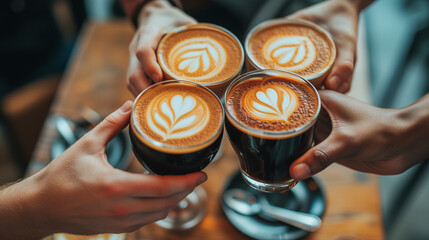 Friends Holding Beverage Cups. People drinking coffee high angle view. Hands holding coffee cups clinking together - Powered by Adobe
