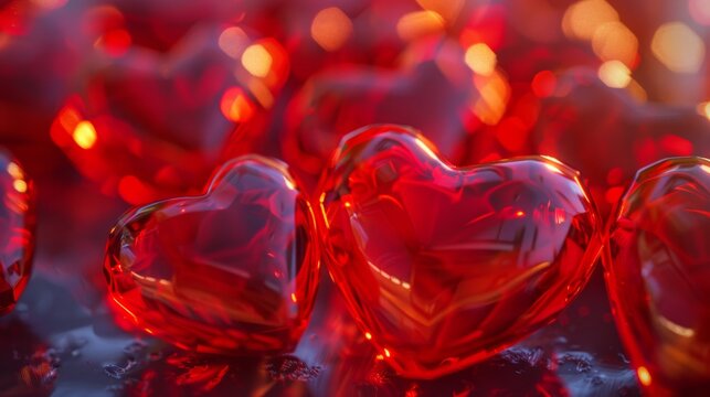 Red hearts in digital art with bokeh light backdrop. Luminous red glass hearts with bokeh effect for a love and romance theme. Close-up of shiny, reflective glass hearts.