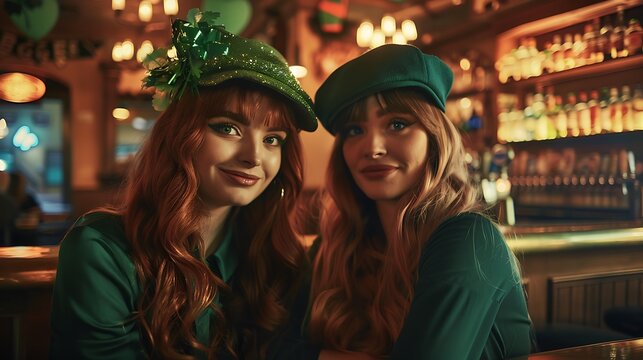 Two girls in a wig and a cap are photographed in a bar. They celebrate St. Patrick's Day