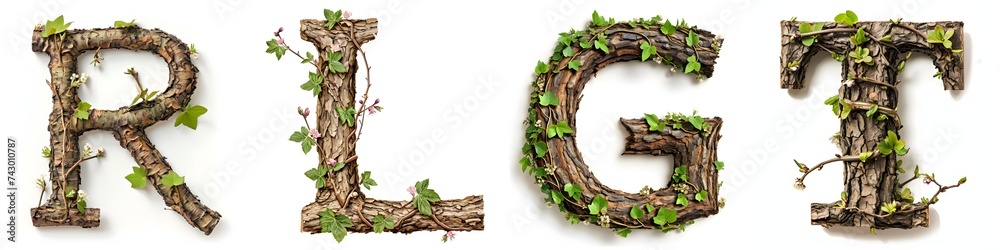 Wall mural natural wood and vine letters r, l, g and t on a white background