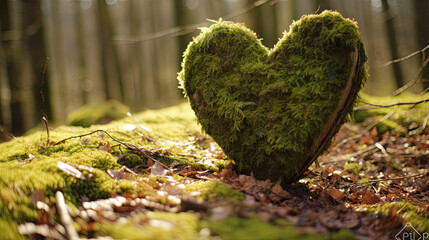 Closeup of wooden heart on moss. Natural burial grave in the woods