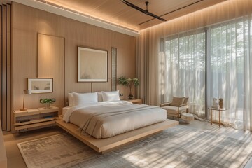 Naklejka na ściany i meble a serene and minimalist bedroom with ample natural light filtering in through sheer curtains.