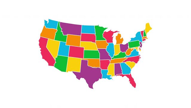 Map multicolor of United States of America showing 48 different states. USA Animation map with chroma key background.