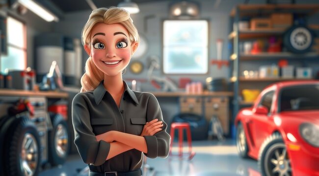 Personnage cartoon d'une femme garagiste automobile souriante, dans son atelier de réparation.