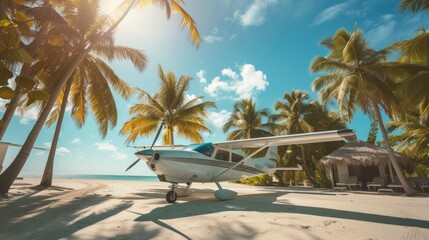Seaplane at nature travel tropic island background. Local air taxi