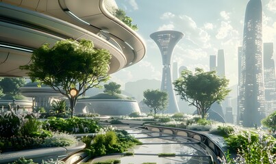 Futuristic environmentally friendly city with green spaces, Futuristic cityscape in the background