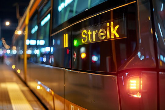 "Streik" auf einem elektronischen Display w&auml;hrend eines Gewerkschaftsstreiks. St&auml;dtische Beleuchtung am Morgen oder Abend. 