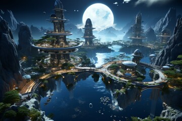 Futuristic city on water with full moon in natural landscape