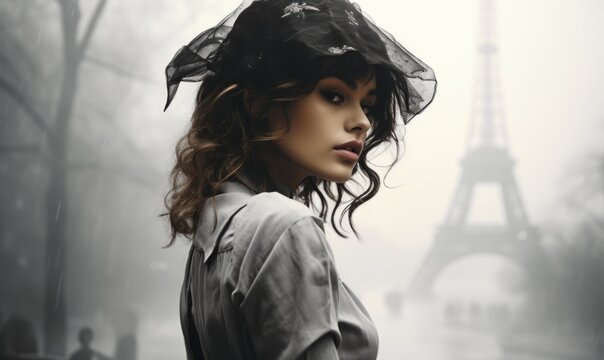 Portrait of a girl in Paris. Retro picture. Vintage style. Woman in a hat. Copy space
