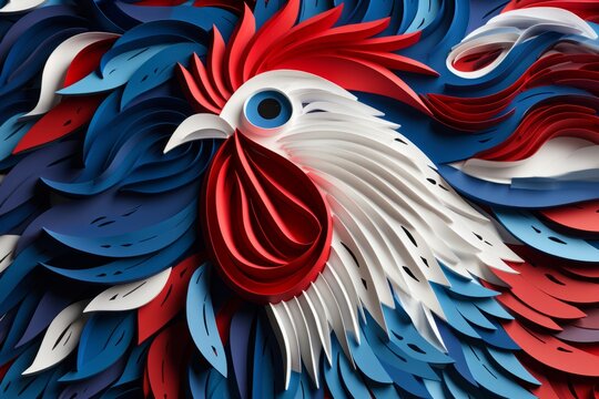 Rooster symbol France. Close-up of a rooster in the color of the French flag. close-up Paper Rooster. Paper art. Paper Crafts