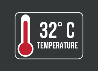 32° C. Vector temperature thermometer in degrees celsius isolated on dark background