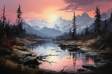 Gordijnen A natural landscape painting of a river flowing through mountains at sunset © yuchen