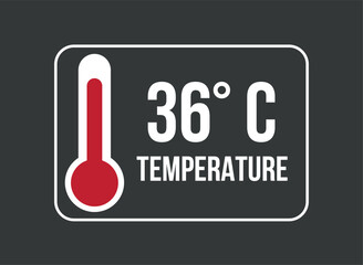 36° C. Vector temperature thermometer in degrees celsius isolated on dark background