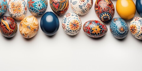 Easter eggs ukrainian pysanka. Hand painted eggs in blue and yellow colors. Top view banner, background with copy space