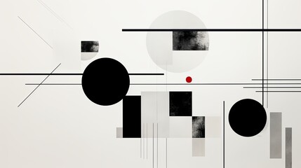 Modern minimalist abstract artwork featuring geometric shapes, circles, and lines in black, white, and red tones.