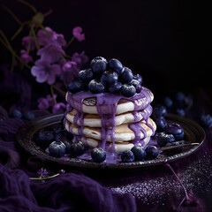 Pancakes decorated with berries and drizzled with blueberry syrup
