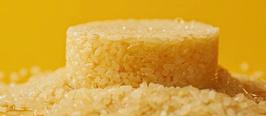 A pile of rice is neatly arranged on top of a bright yellow table. The grains of rice are visible, creating a simple yet striking composition.