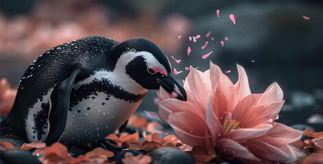 Penguin sitting next to pink flowers
