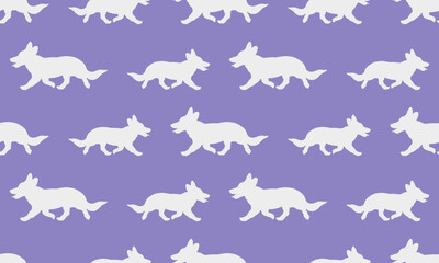 Running pembroke welsh corgi puppy isolated on a purple background. Seamless pattern. Endless texture. Pet animals. Design for wallpaper, template. Vector illustration.