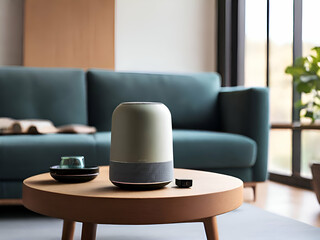 Minimalistic bluetooth speaker on a table in a living room, against a minimalist and light interior. Picture for catalog