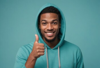 A young man in a teal hoodie gives a thumbs up with a bright smile, against a matching teal background.