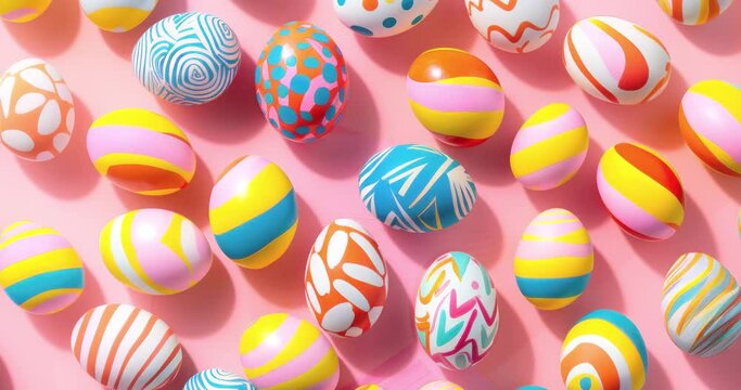 playful and bright easter egg collection with graphic designs on a cheerful pink surface, easter day concept dezoom rotation
