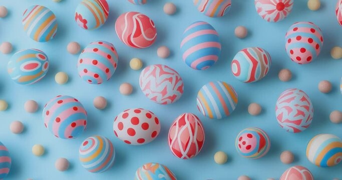 pastel easter eggs with playful patterns scattered on light blue background seasonal decor, easter day concept dezoom rotation