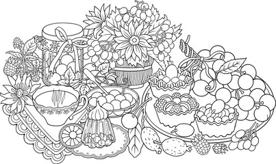 Sweets, berries, fruits, drinks, flowers hand drawn vector doodles illustration. Nature and food elements and objects cartoon background.