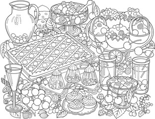 Sweets, berries, fruits, drinks hand drawn vector doodles illustration. Nature and food elements and objects cartoon background.