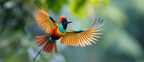 A vibrant bird with colorful feathers is soaring gracefully through the air, displaying its wingspan and beauty. The bird is in mid-flight, surrounded by the blue sky as it moves effortlessly through - obrazy, fototapety, plakaty