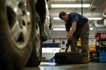An auto mechanic and changing tires - obrazy, fototapety, plakaty