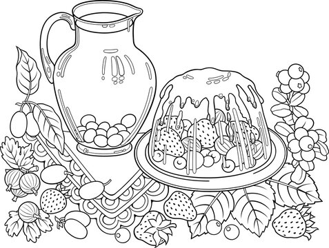 Sweets, berries, fruits, drinks hand drawn vector doodles illustration. Nature and food elements and objects cartoon background.