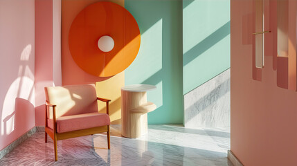 Interior of a room with an armchair in a geometric style in pastel colors
