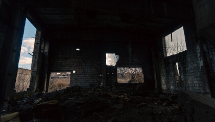 Fototapeta na wymiar inside a destroyed and burnt house in Ukraine
