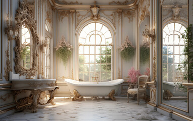 Rococo style pastel beige colors bathroom with big windows and flowers