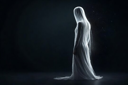 white Female ghost rising up on dark background, Generative AI Illustration