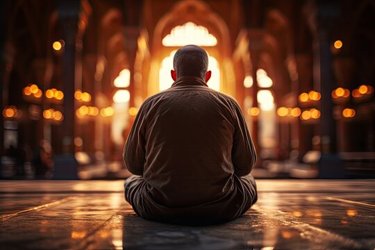 Religious muslim man praying inside the mosque, ramadan, islamic background