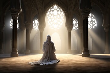 Religious muslim man praying inside the mosque, ramadan, islamic background