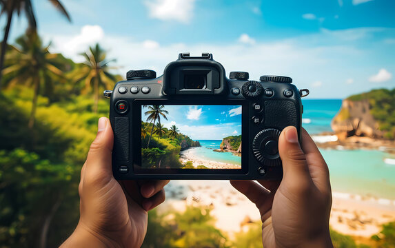Close-up of hand holding photo camera with summer beach landscape on the screen and a real blurred landscape on the background