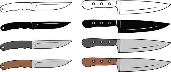 Knife Clipart Set - Outline, Silhouette and Color