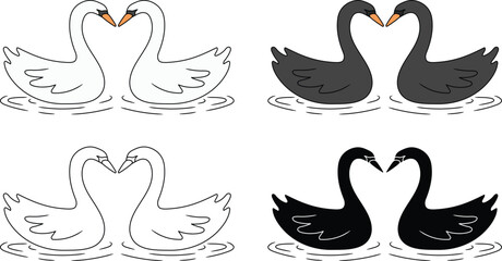 Romantic Swan Pair Clipart Set - Outline, Silhouette & Color © ATerra