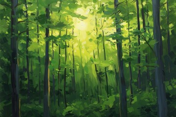 Celebrate Mother Earth Day with an enchanting oil paint art—serene forest scene, sunlight filtering through the canopy, highlighting the vital role of forests in clean air and oxygen production.