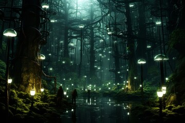 a dark forest filled with lots of lights and trees