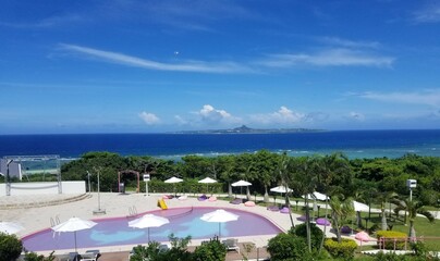 beautiful Okinawa, Japan Island resort. veiw from the hotel room, over looking the blue waters. A...