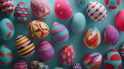 A captivating arrangement of vibrant Easter eggs with geometric motifs, providing ample room for incorporating text elements - obrazy, fototapety, plakaty