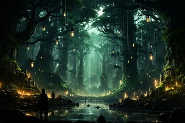 A man stands by the river in a dark forest at midnight - Powered by Adobe