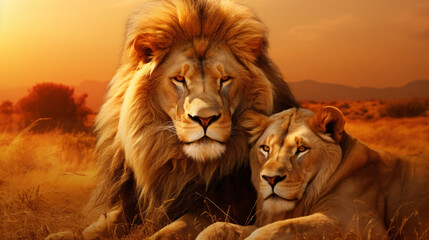 Obraz premium Majestic African lion couple loving pride.
