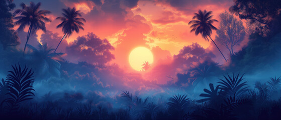 Tropical Sunset Silhouettes in Lush Jungle Landscape.