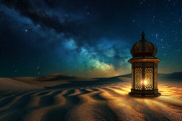 a glowing lantern casts a warm light upon the sands of a vast desert under a star-studded sky - obrazy, fototapety, plakaty