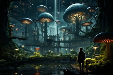 A man stands in a mushroomfilled forest at midnight